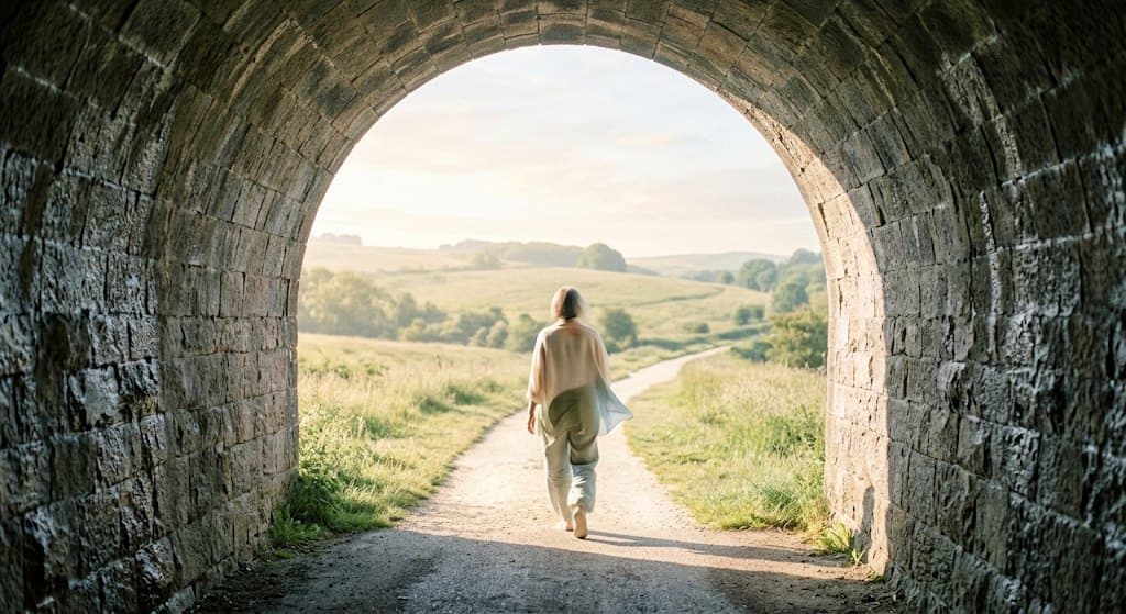 Une personne sort d'un tunnel de pierre vers une campagne ensoleillée